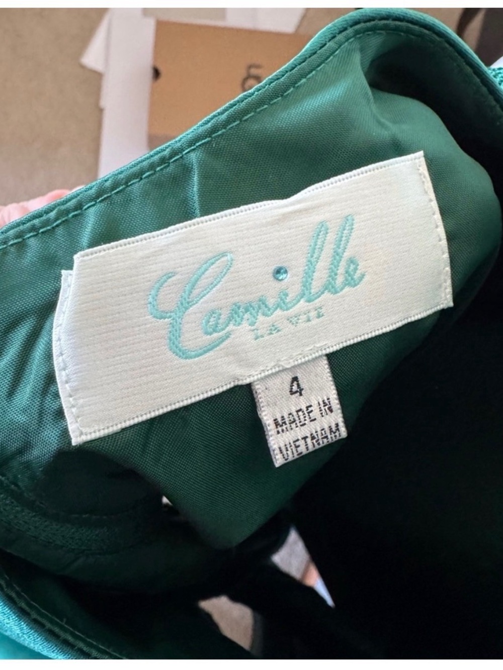 Camille La Vie Emerald Green Strapless Satin Dress with Lace Back - Picture 2 of 6
